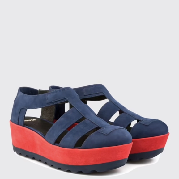 Camper | Laika Red Blue Nubuck Leather Platform Sandals Size EU 38 | US 7.5 - Picture 1 of 15
